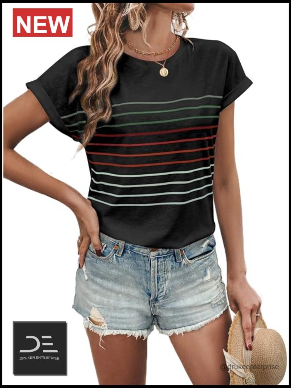 Striped Dolman Sleeve Crew Neck T-Shirt Summer Top
